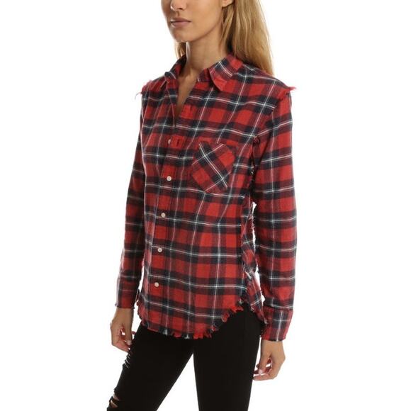 R13 Flannel Shirt Raw Hem Shredded Seam Inside Out Slim Red Plaid Womens‎ Large - Picture 1 of 16